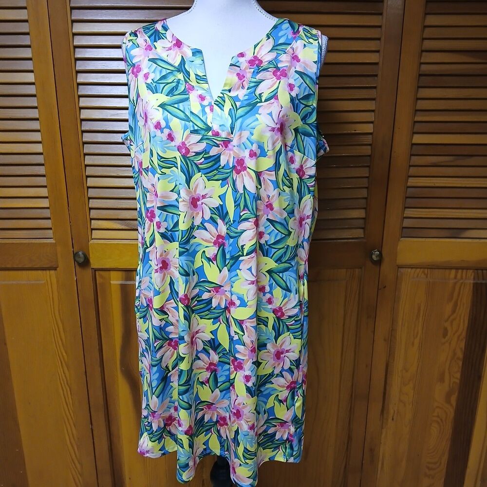 Caribbean Joe Women's Tropical Floral Sleeveless Blue Pink Shift Dress Large - Picture 2 of 9